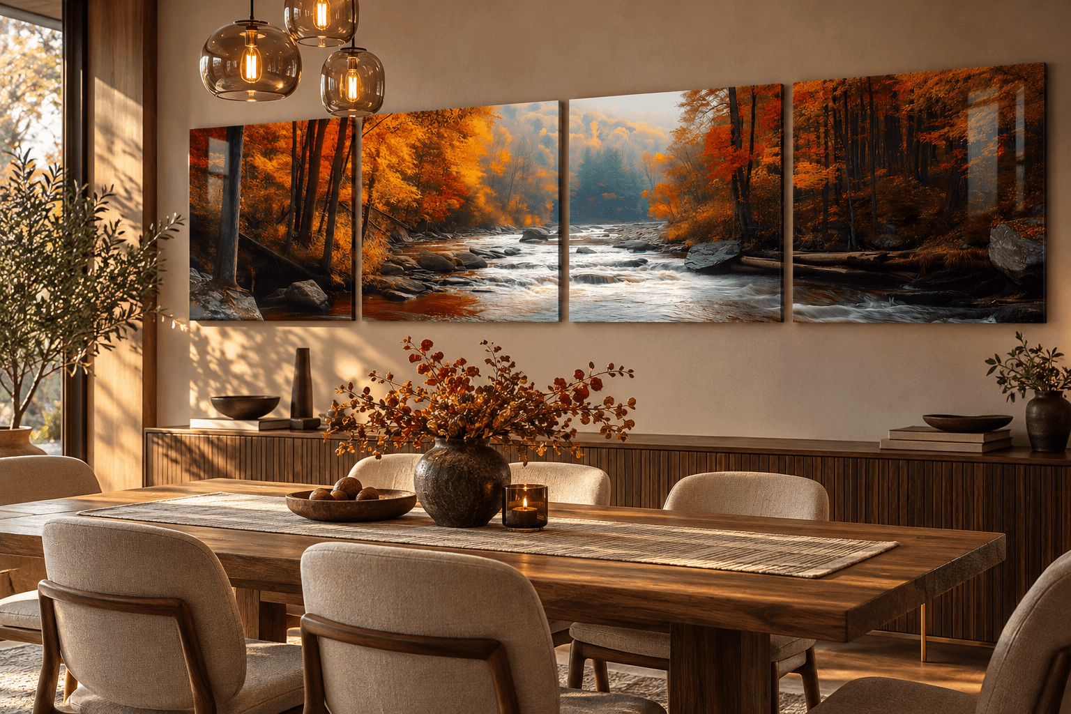 Rustic autumn river glass wall art hung above a walnut dining table with pendant lights